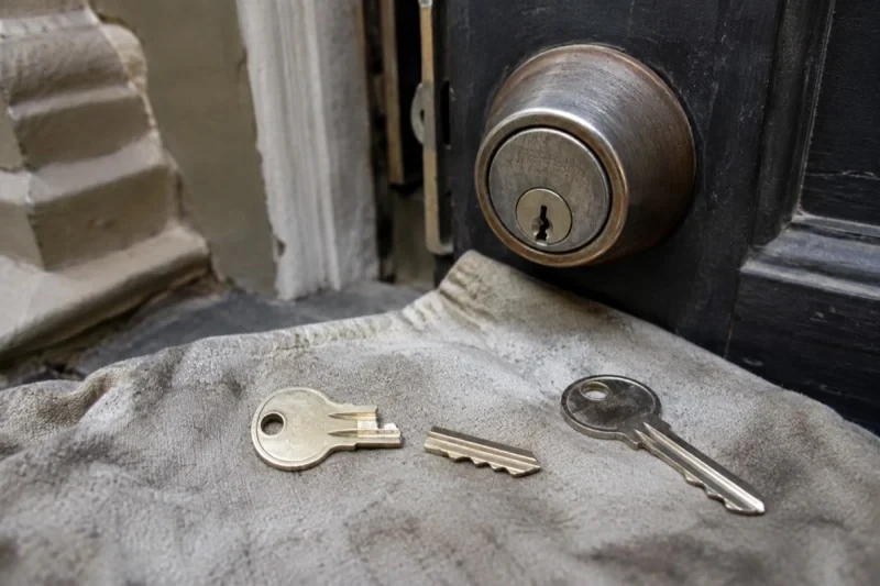 A key broken into two pieces and an intact key resting on a cloth beneath a door deadbolt.