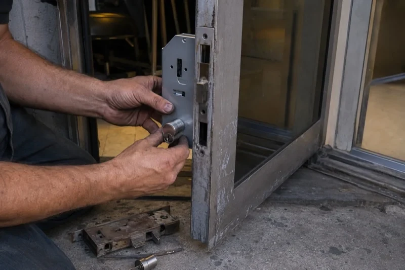 Hands positioning a lock assembly at the edge of a metal-framed glass door, with loose lock parts on the threshold.