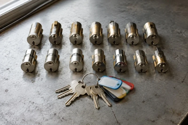 Two rows of lock cylinders on a metal surface with keys and colored key tags in front.